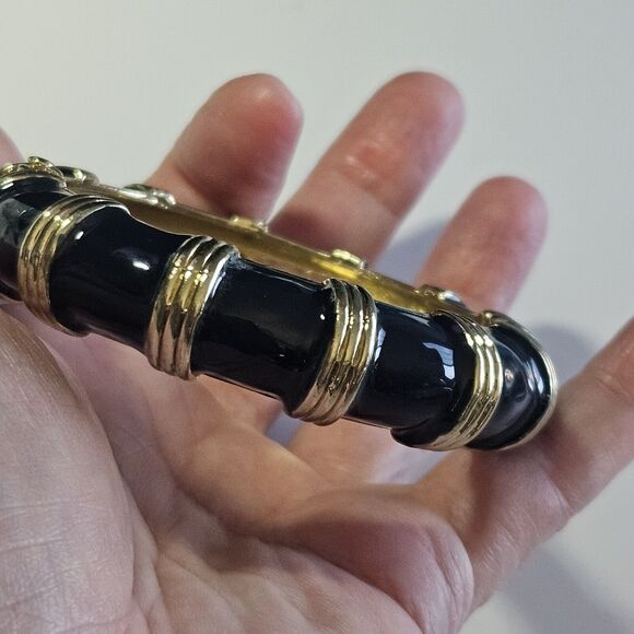 **Final Sale** J Crew Clamp Bangle Bamboo Look Blueberry Enamel Gold Tone Hinge - Picture 2 of 11